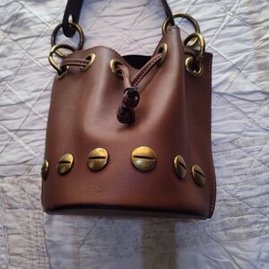 Stella Bianca Brown Leather Bucket Bag with Gold Accents